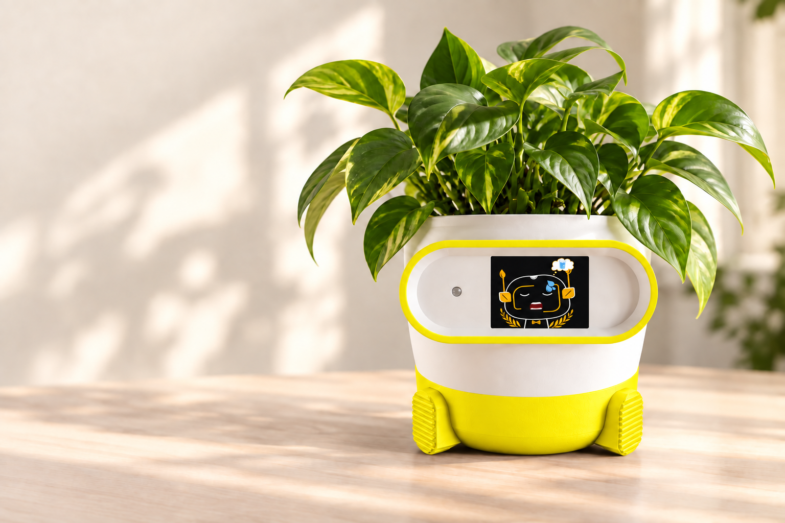 Yellow Peppy smart plant pot with a lush green plant on a light desk